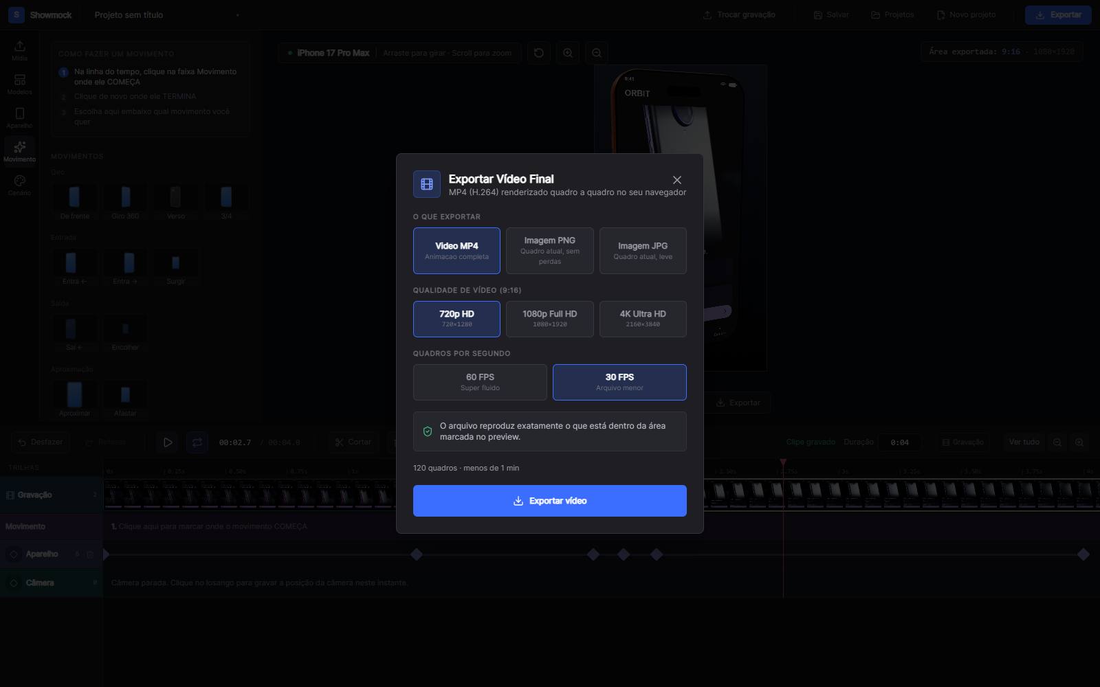 Actual screenshot of the Showmock editor: Export your video